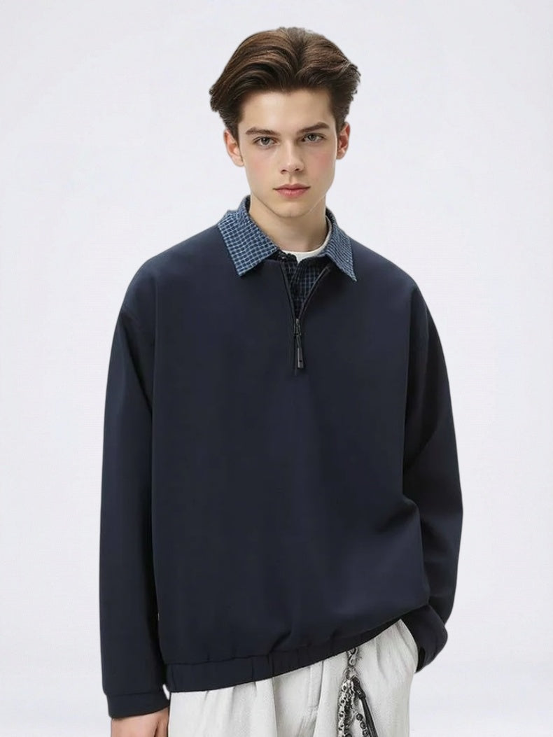 Layered-look Plaid Zipper Loose-fit Sweatshirts&Hoodies