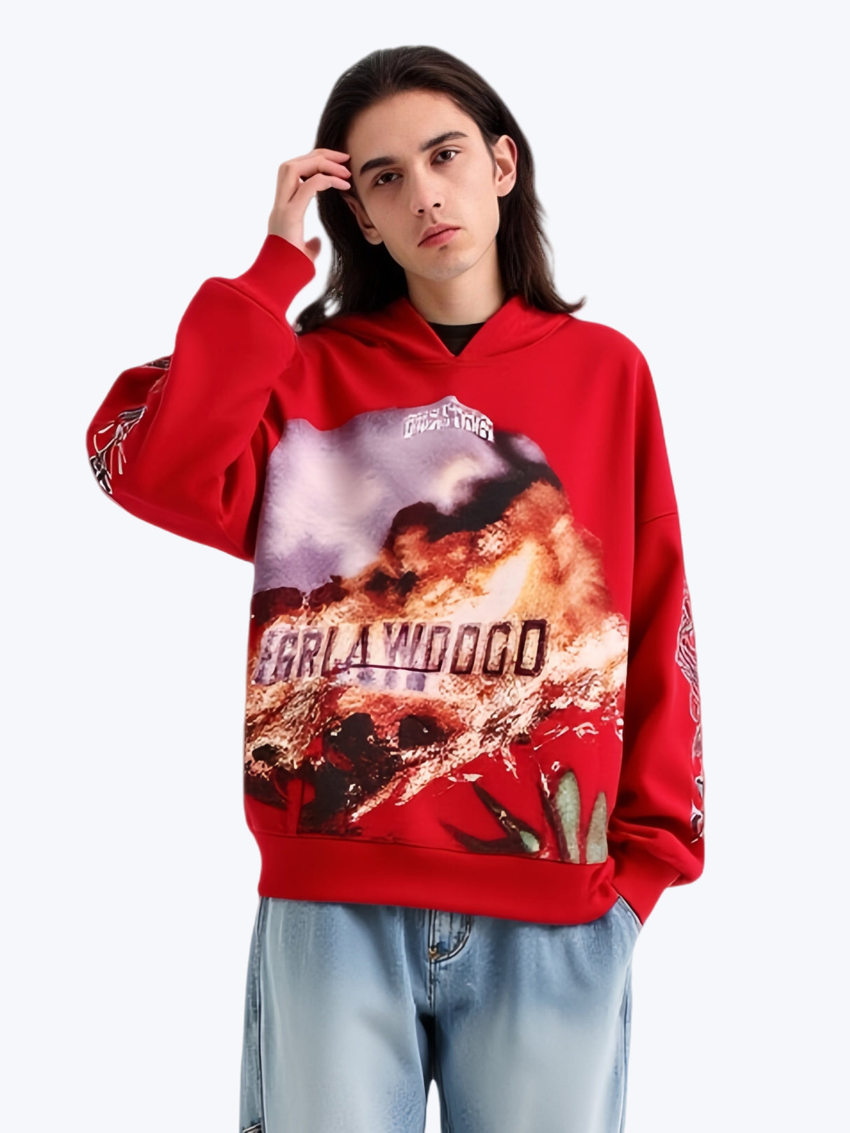 Rock Washed And Aged Printed Hooded Sweatshirt