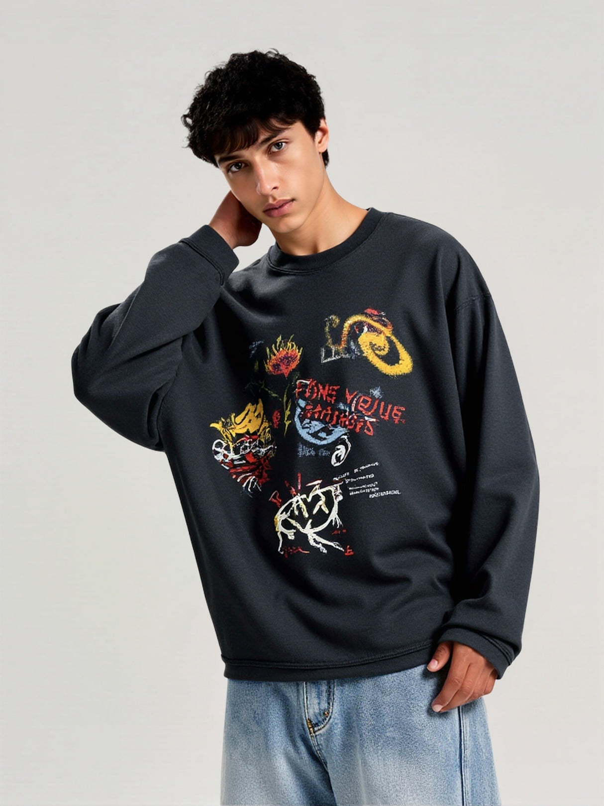 Printed Personal Interests Punk Graffiti Washing And Aging Edging Long-sleeved T-shirt