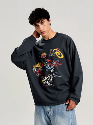 Printed Personal Interests Punk Graffiti Washing And Aging Edging Long-sleeved T-shirt