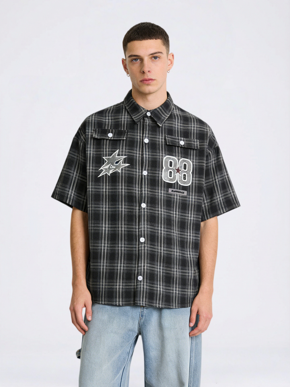 Rhinestone-studded Number Five-pointed Star Plaid Shirts
