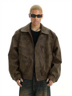 Brown Distressed Lapel Leather Jacket Jackets