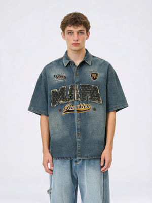 Distressed Edge Grinding Badge Denim Shirts