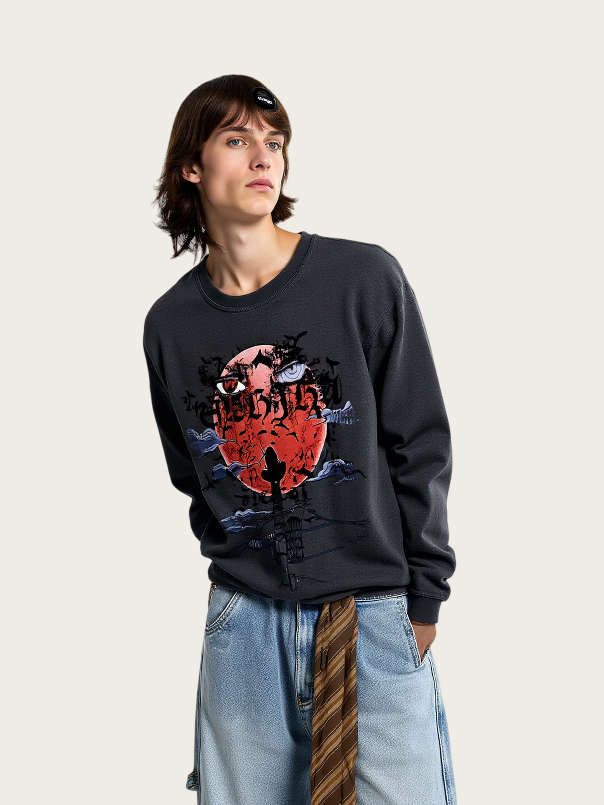 Dark Red Yabi Printed Edging Washing And Aging Long-sleeved T-shirt