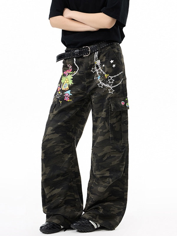 Retro Printed Camouflage Cargo Trousers