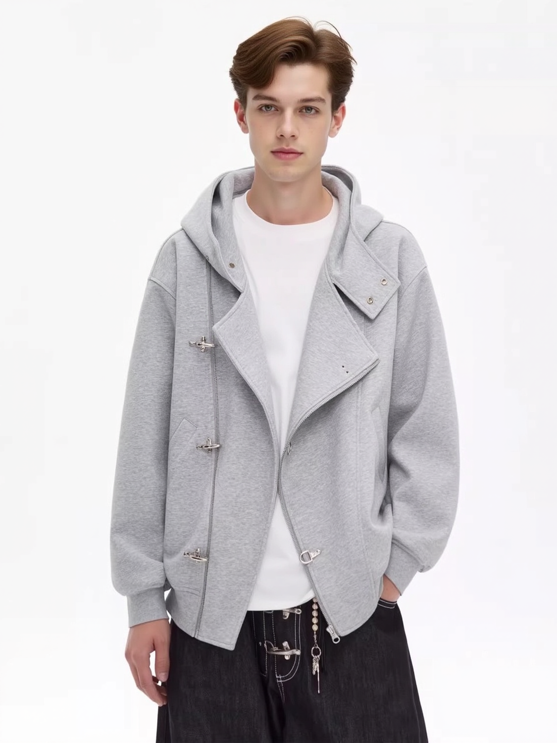 Diagonal Placket Airplane Buckle Hoodies