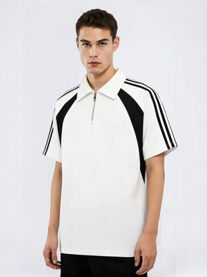 College Style Half Zipper Retro Color-blocked POLO Shirt