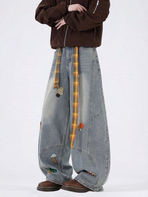 Cartoon Towel Embroidery Machete Loose Wide-leg Jeans