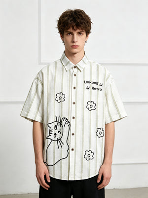 Cartoon Kitten Embroidery Vertical Stripe Loose-fit Vibe Breathable Shirts