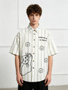 Cartoon Kitten Embroidery Vertical Stripe Loose-fit Vibe Breathable Shirts