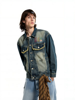 Washing Colorful Letter Embroidery Loose Denim Jacket