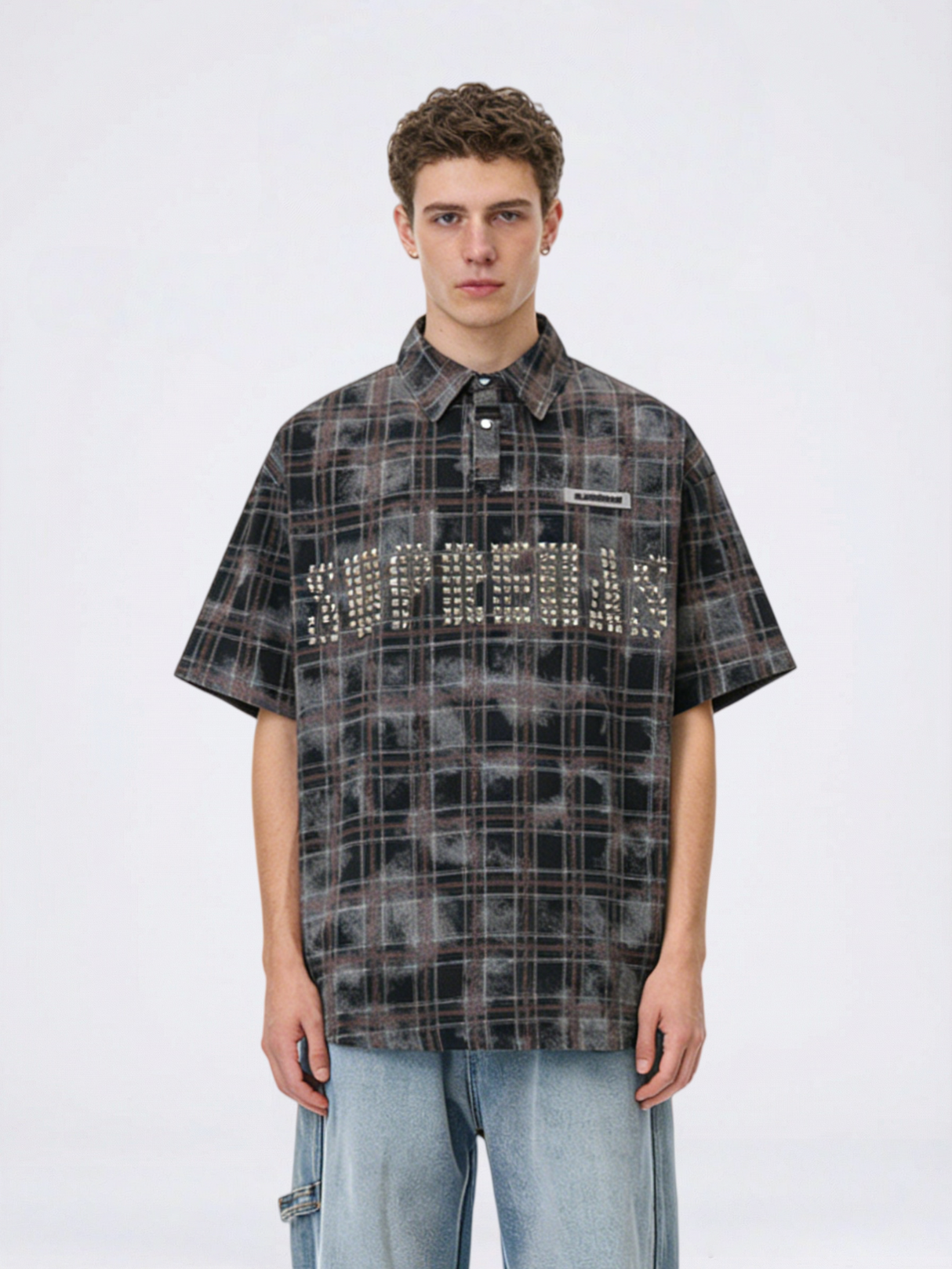 Distressed Tie-dye Plaid Studs Polo Shirts