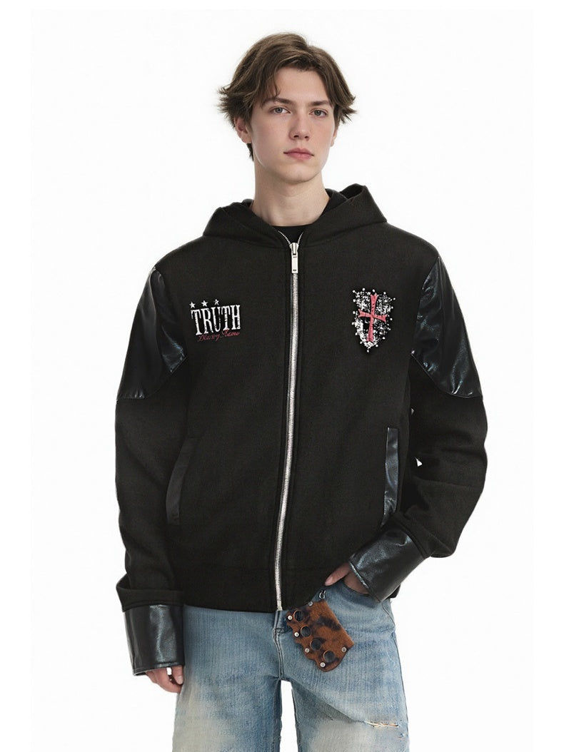 Vibe Leather Armor Splicing Deconstruction Hooded Zipper Jacket