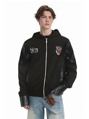 Vibe Leather Armor Splicing Deconstruction Hooded Zipper Jacket