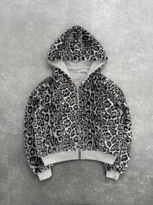 Reversible Retro Leopard Print Zipper Loose Fit Hooded Zip-Up Sweatshirt