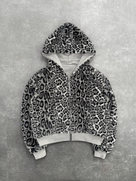 Reversible Retro Leopard Print Zipper Loose Fit Hooded Zip-Up Sweatshirt
