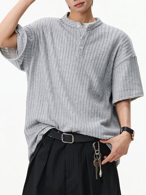 Color-blocked Henry's Collar Knitting T-shirts