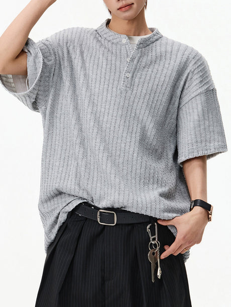 Color-blocked Henry's Collar Knitting T-shirts