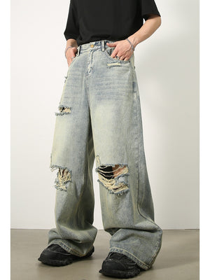 Hole Washed Distressed Loose-fit Wide-leg Jeans