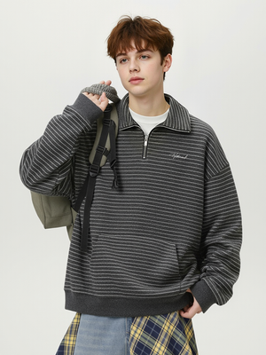Stripes Stand Collar Half Zipper Letter Embroidery Sweatshirts