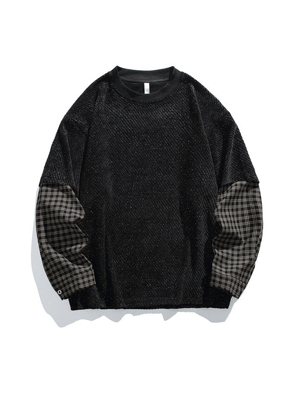 Gold Thread Weaving Fake Two Pieces Contrasting Colors Fleece Sweatshirt