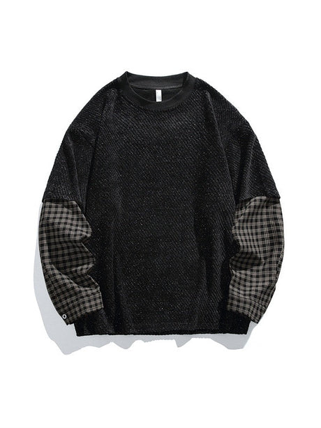 Gold Thread Weaving Fake Two Pieces Contrasting Colors Fleece Sweatshirt