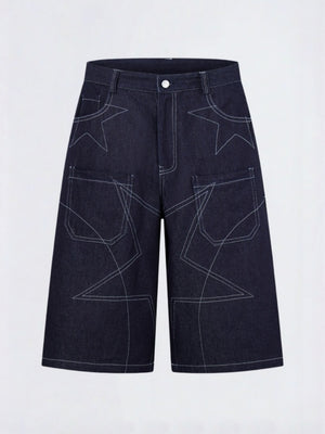Five-pointed Star Loose-fit Straight-fit Multiple Pockets Five Points Denim Shorts