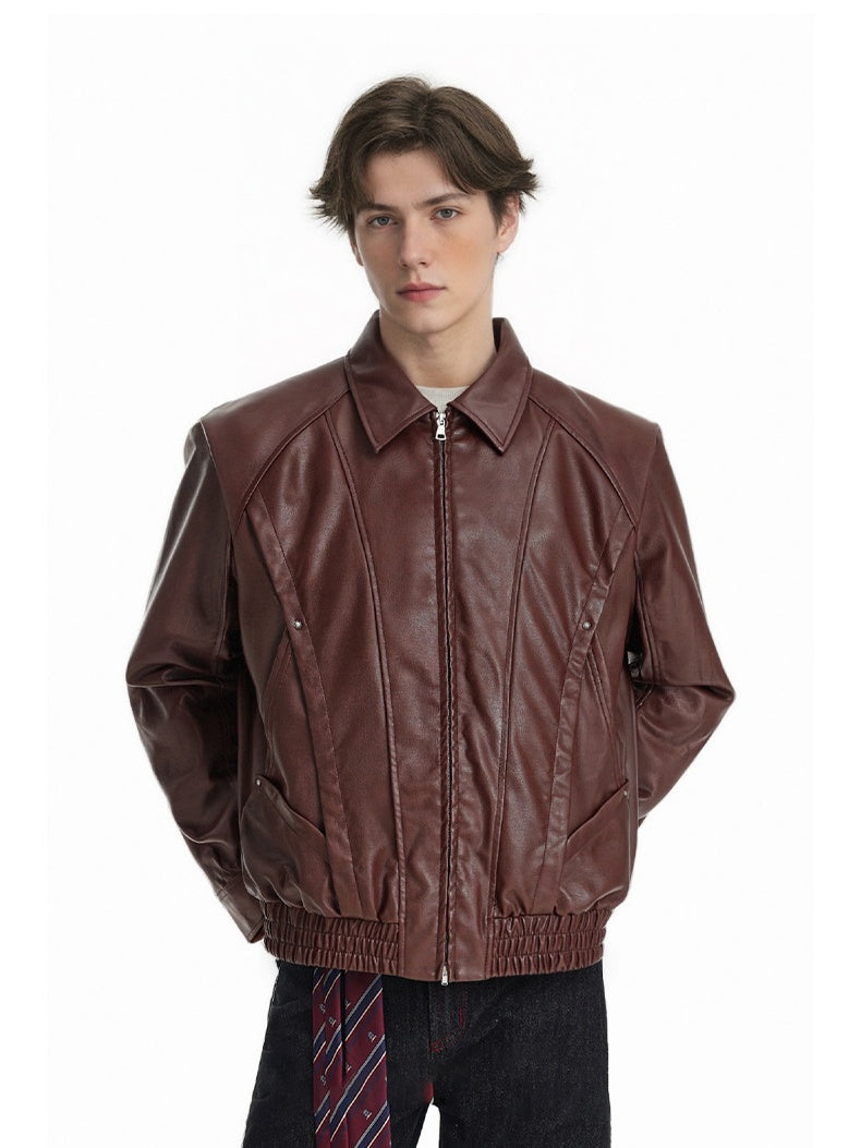 Retro Locomotive Cleanfit Deconstruction Splicing Leather Jacket