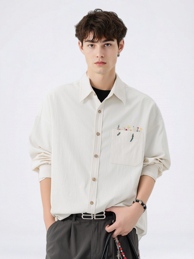 Simple Floral Embroidery Stripes Shirts