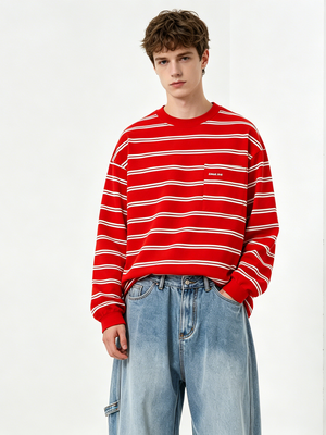 Stripes Color-blocked Embroidery Pocket Loose-fit T-shirts