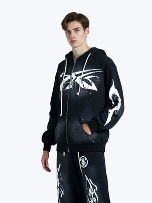 Washing Water Old Printed Zipper Hood Sweatshirt Trousers Set