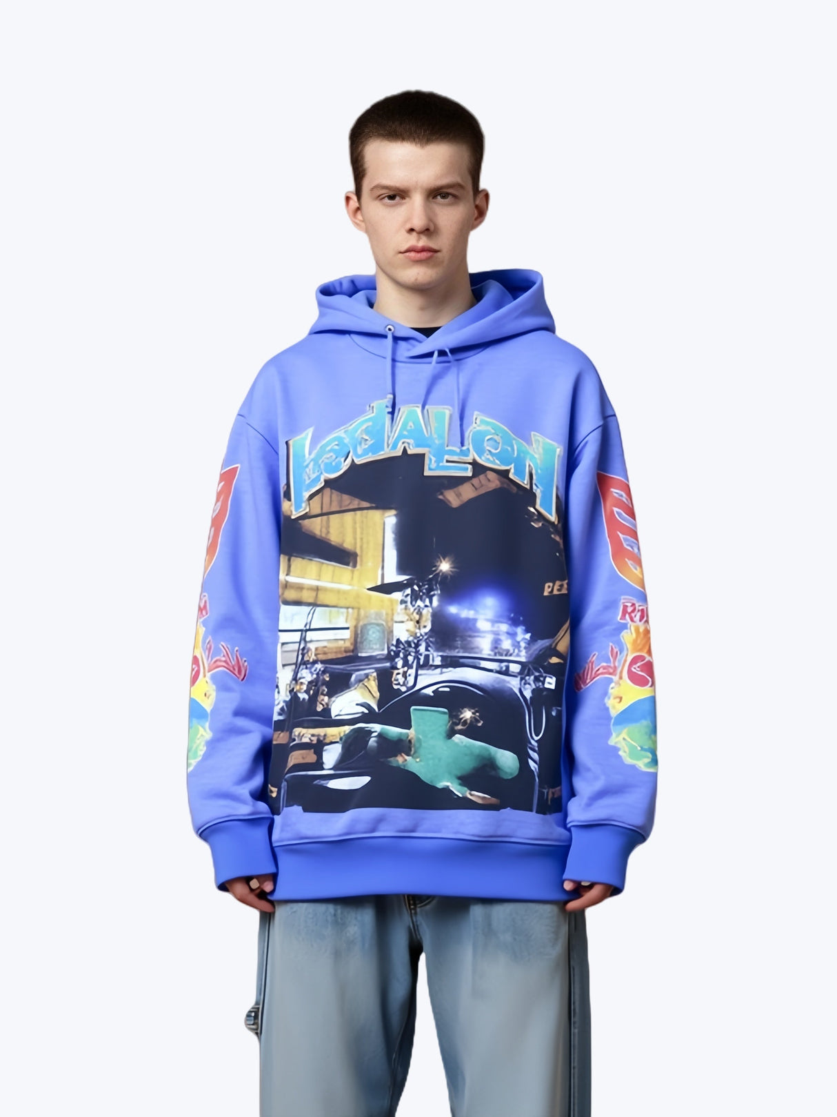 Rock Washed And Aged Skull Print Hooded Sweatshirt