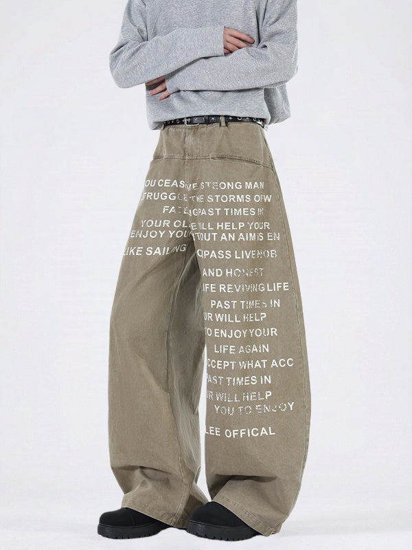 Letter Printed Khaki Loose Straight Machete Jeans