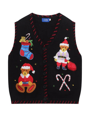 Christmas Little Bear Embroidery V-neck Layering Sweaters Vests