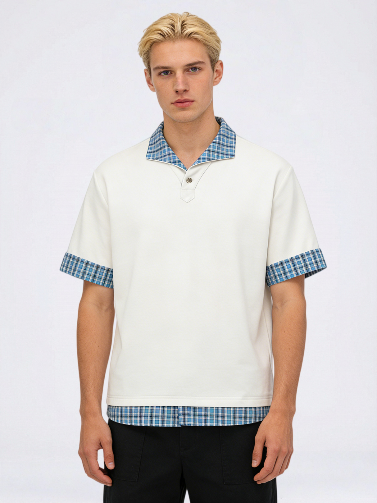 Plaid Layered-look Loose-fit POLO Shirt