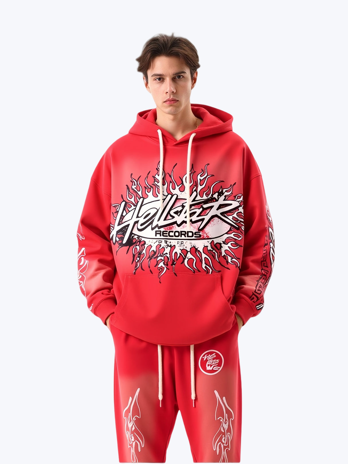 Washing Water Old Printed Hooded Sweatshirt Trousers Set