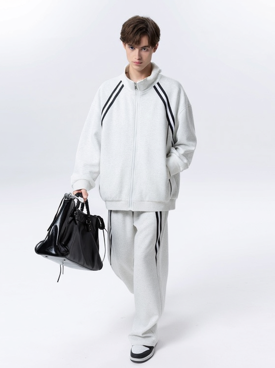 Color-blocked Stripes Straight-leg Trousers Sweatshirts Cardigan Set