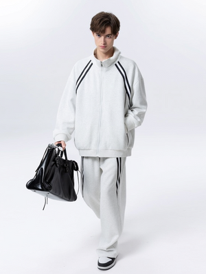 Color-blocked Stripes Straight-leg Trousers Sweatshirts Cardigan Set