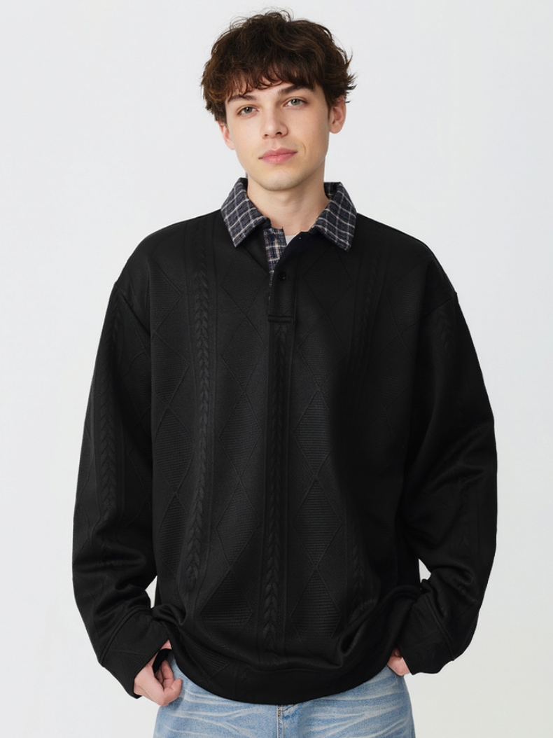 Knitted Jacquard Contrasting Colors Plaid Lapel Polo Shirt