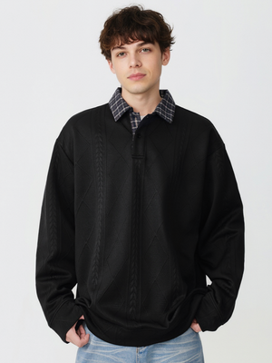 Knitted Jacquard Contrasting Colors Plaid Lapel Polo Shirt