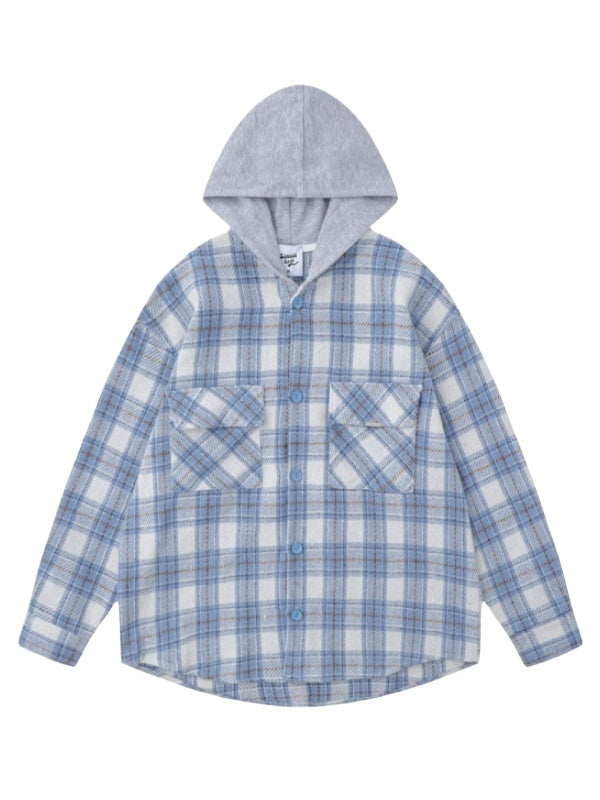 Tweed Sanding Plaid Splicing Contrasting Colors Fake Two Pieces Hooded Long-sleeved Shirt