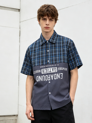 Color-blocked Patchwork Plaid Letter Printed Hip Hop Shirts