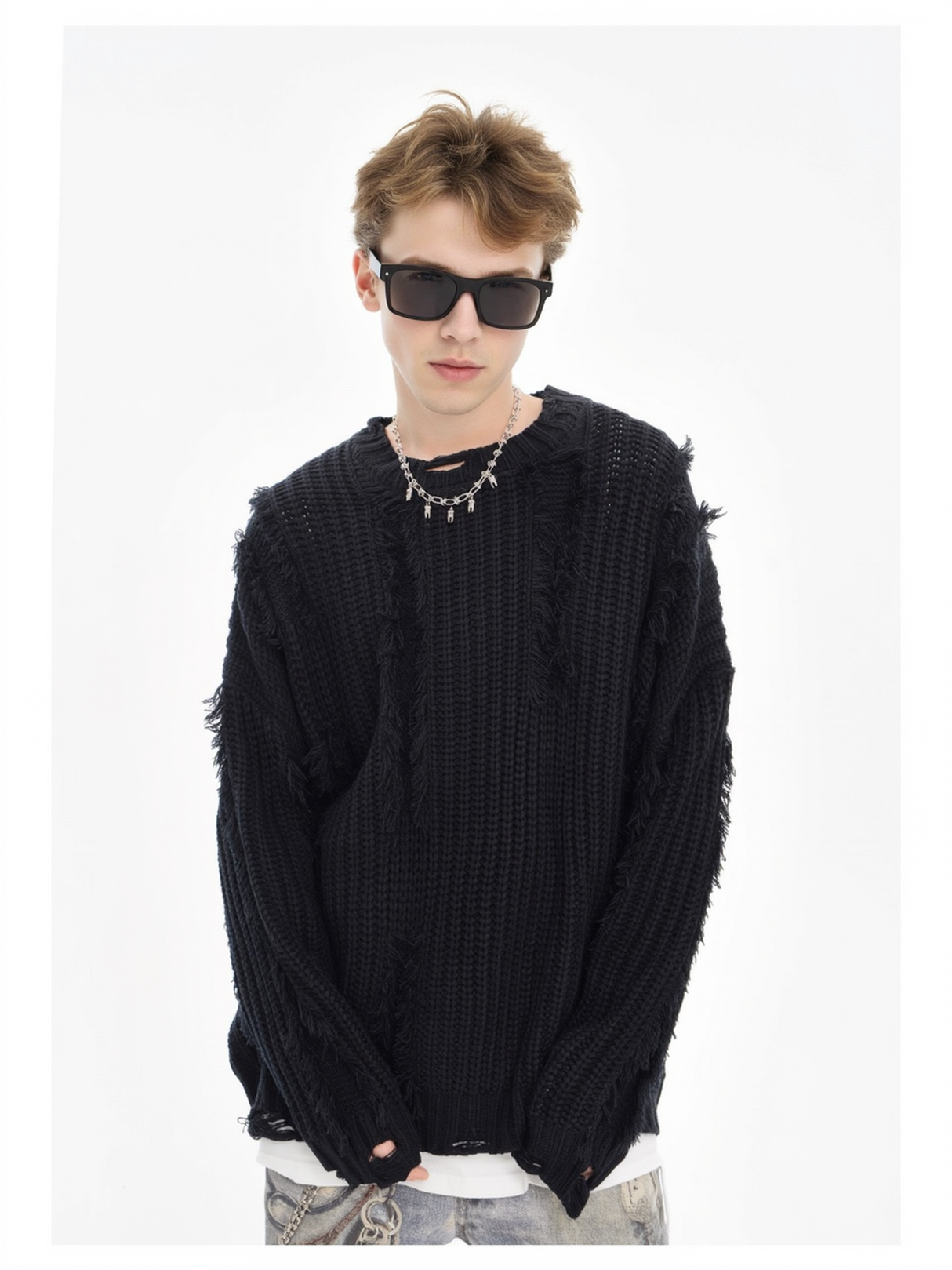 Mahua Hole Raw Edges All-match Crew Neck Sweater