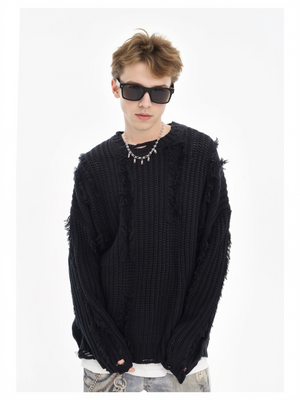 Mahua Hole Raw Edges All-match Crew Neck Sweater