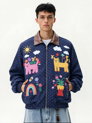 Retro Colorful Cat Polka Dots Splicing Lapel Thickening Jackets