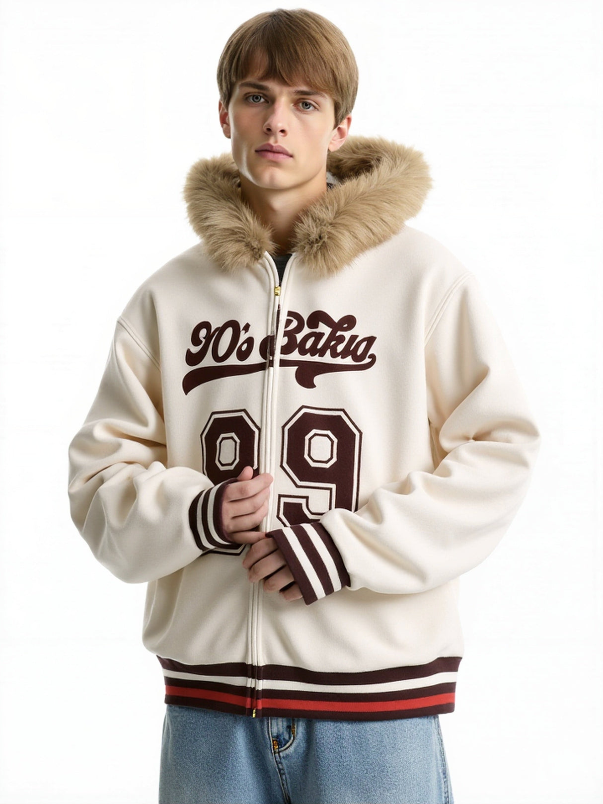 Retro Letter Embroidery Deerskin Fur Collar Plush Hooded Cardigan