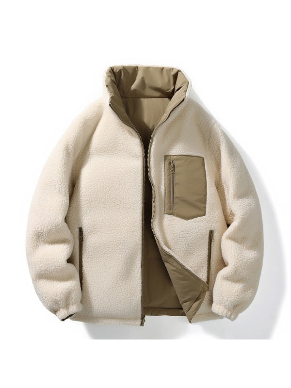 Stand Collar Color-blocked Reversible Lamb Wool Jackets