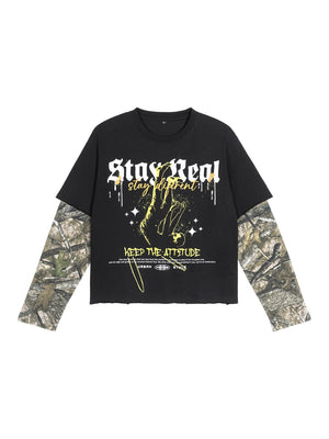 Retro Camouflage Layered-look Cropped Loose-fit T-shirts