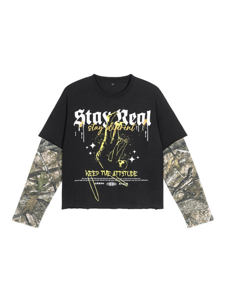 Retro Camouflage Layered-look Cropped Loose-fit T-shirts
