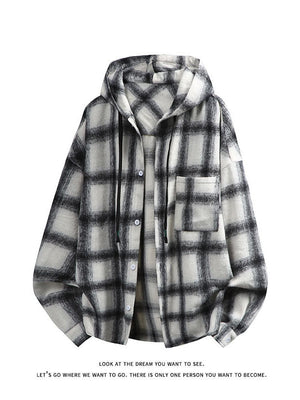 Plaid Stripes Sanding Thickening Hooded Long-sleeved Shirt